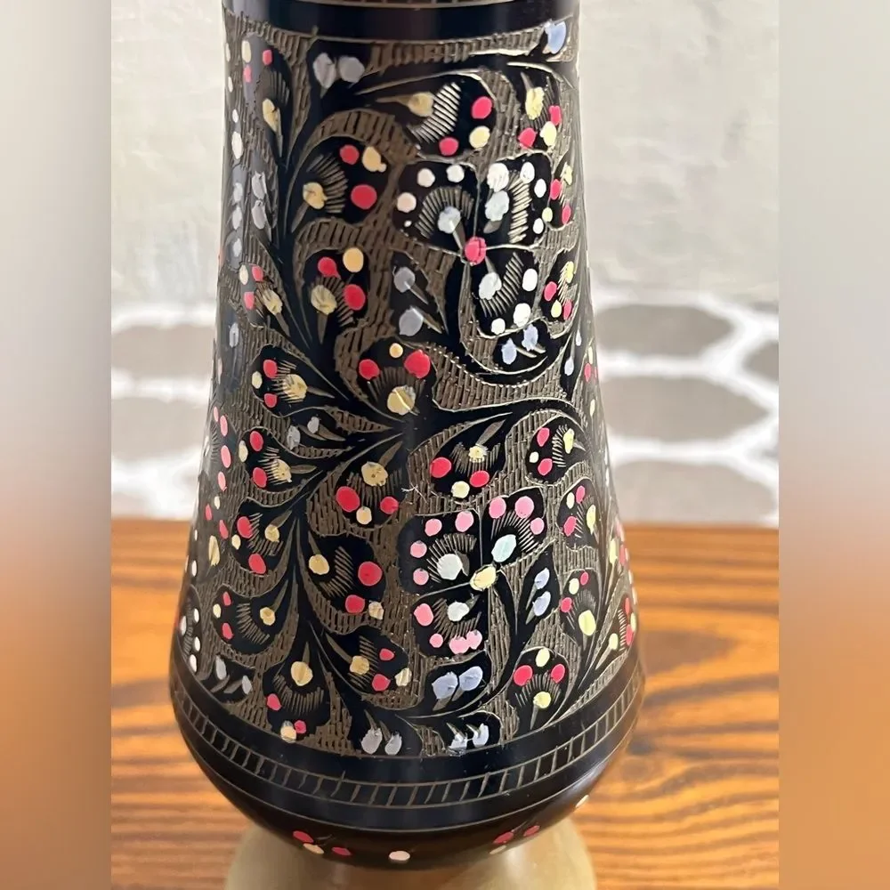 Vintage Black and Etched Brass Vase w enameled colorful painting, unique decor